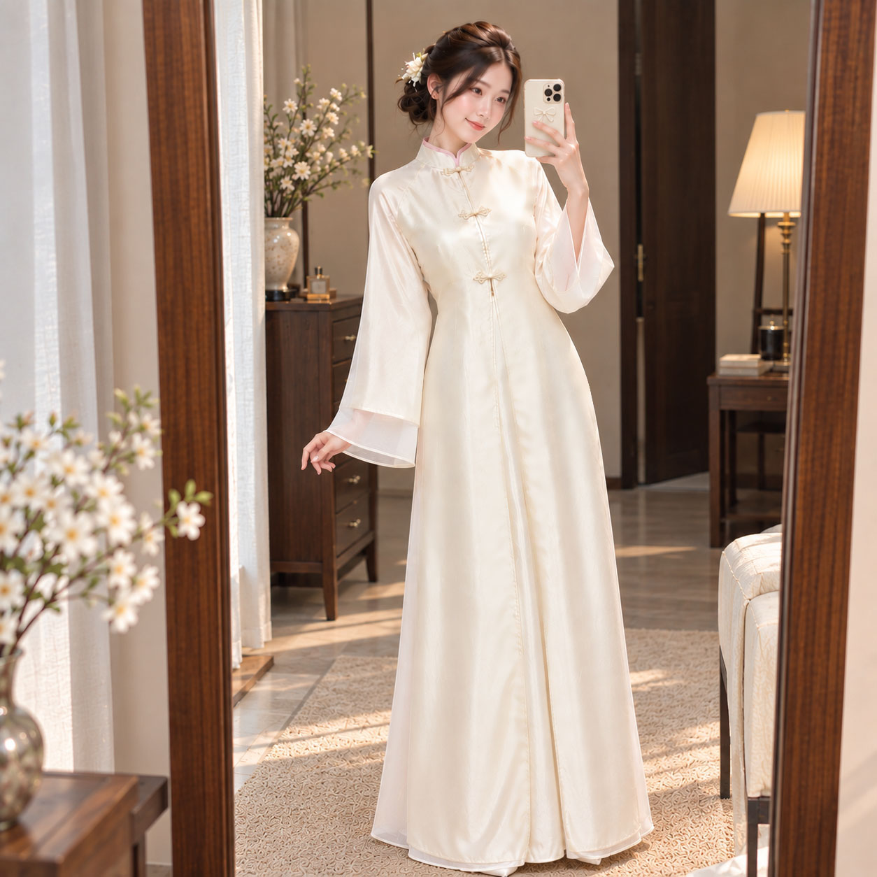 Áo Dài Cách Tân Nữ Cổ Đứng Dáng Suông Tay Loe Kèm Choàng Nhật Bình Voan Tơ Lụa - CT27-04_thumbnail_2