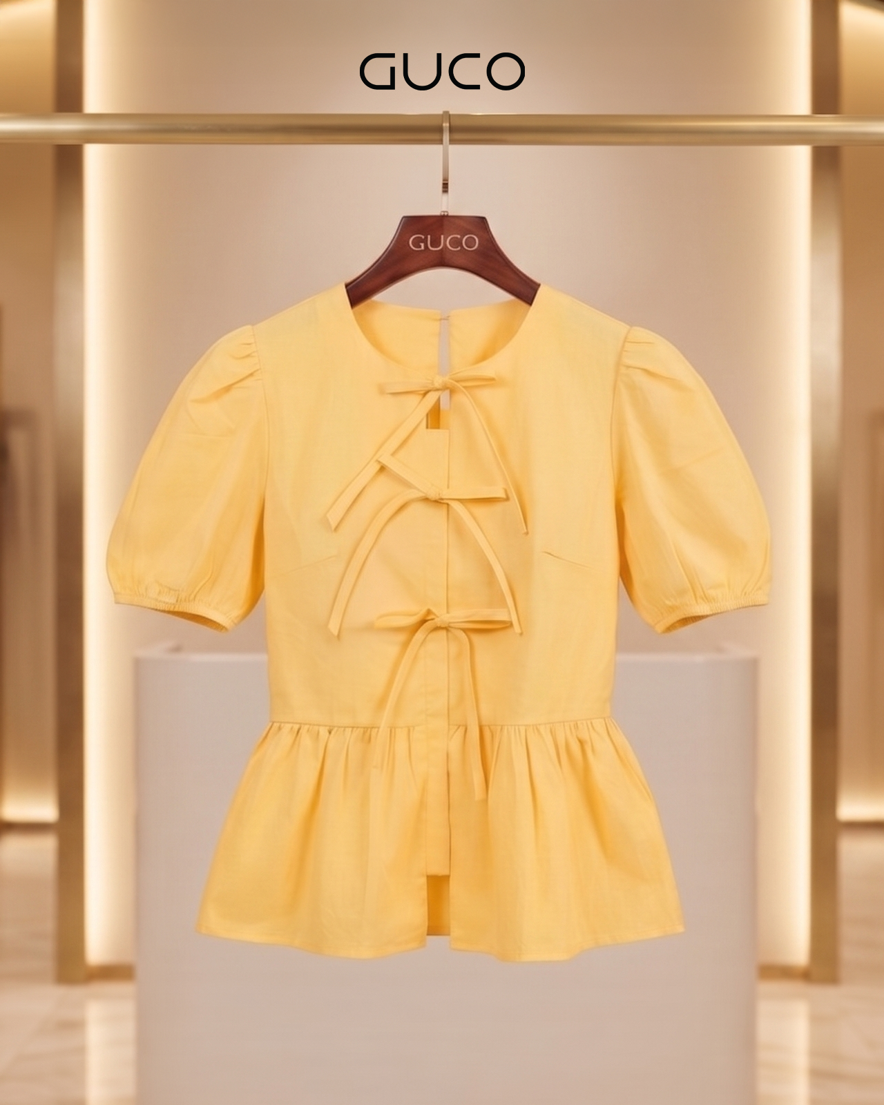 Áo Peplum Vàng Cột Nơ Trước Ngực