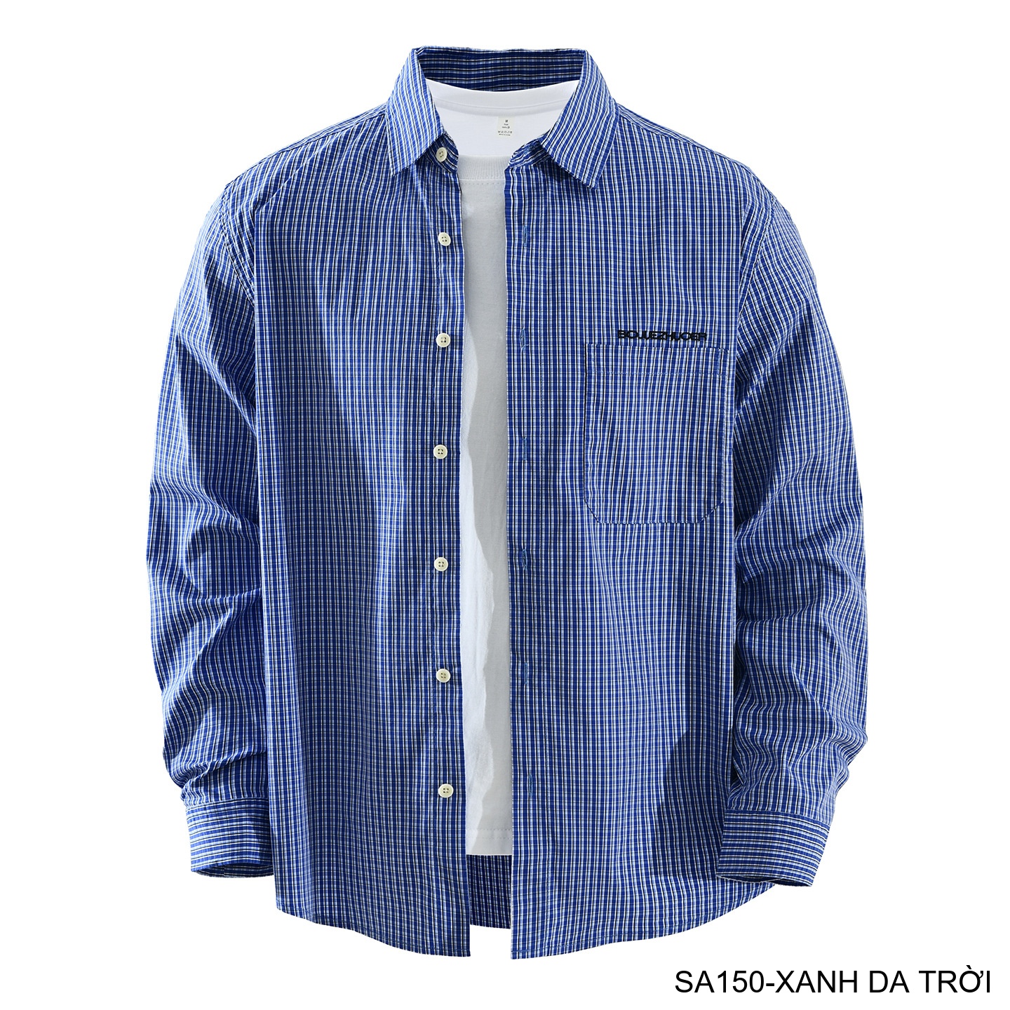 SA150 - Áo sơ mi nam kẻ caro phong cách Nhật Bản, tay dài, form rộng thoải mái màu xanh da trời