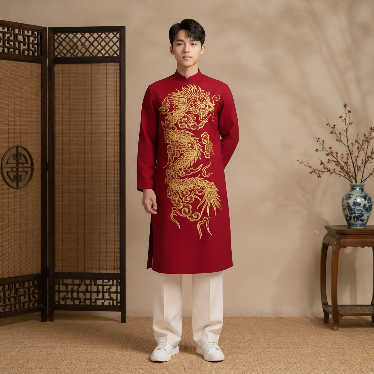 Áo Dài Nam Cách Tân Taffeta Thêu Rồng Vàng NA26-23