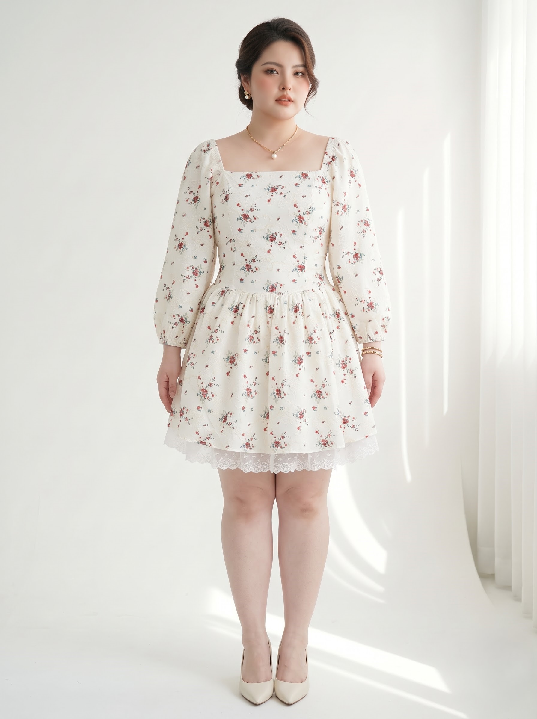Big Size Lace Little Flower Dress with Waist Covering Biceps - White - Medium 55-90kg - V-DA221