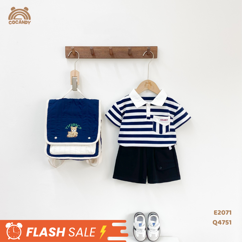 Áo cộc polo kẻ XANH NAVY túi ốp ngực