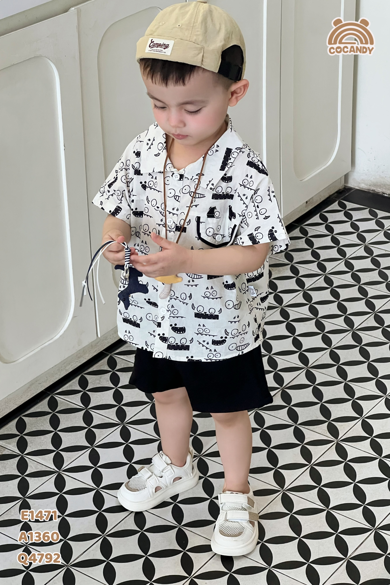 Áo cộc sơ mi BE họa tiết icon phối túi kiểu cute_thumbnail_2
