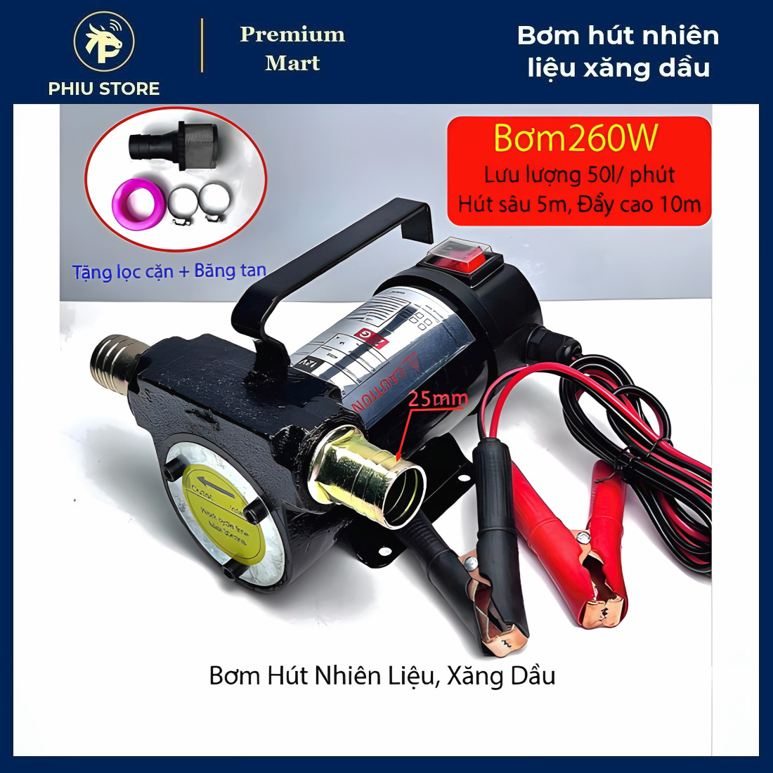 Bơm hút nhiên liệu, bơm xăng dầu mini, bơm dầu 24V, bơm hút xăng dầu mini, tự hút, 12V và 24V, PHIU STORE