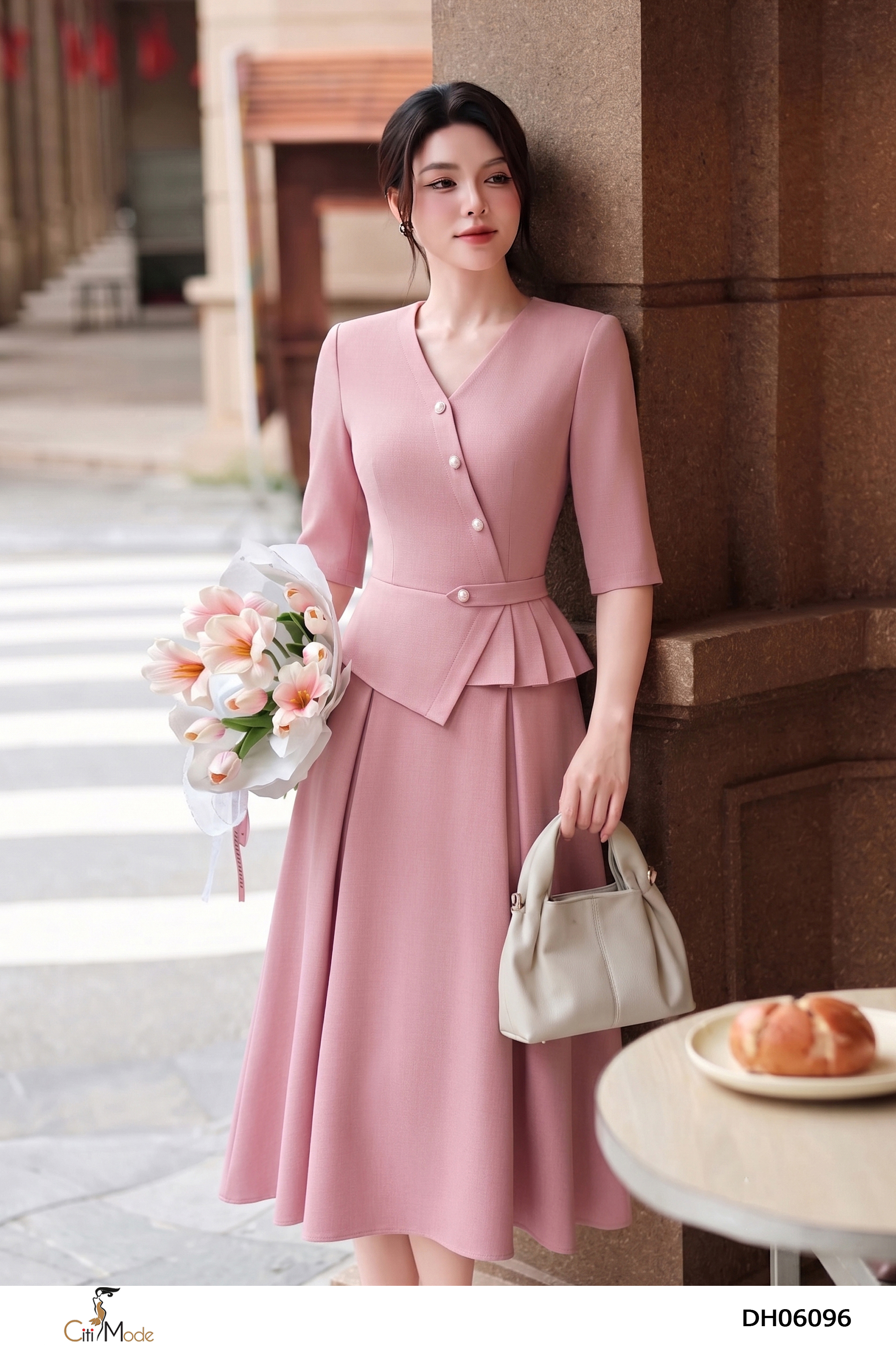 Đầm xòe  peplum hồng cổ V tay lỡ