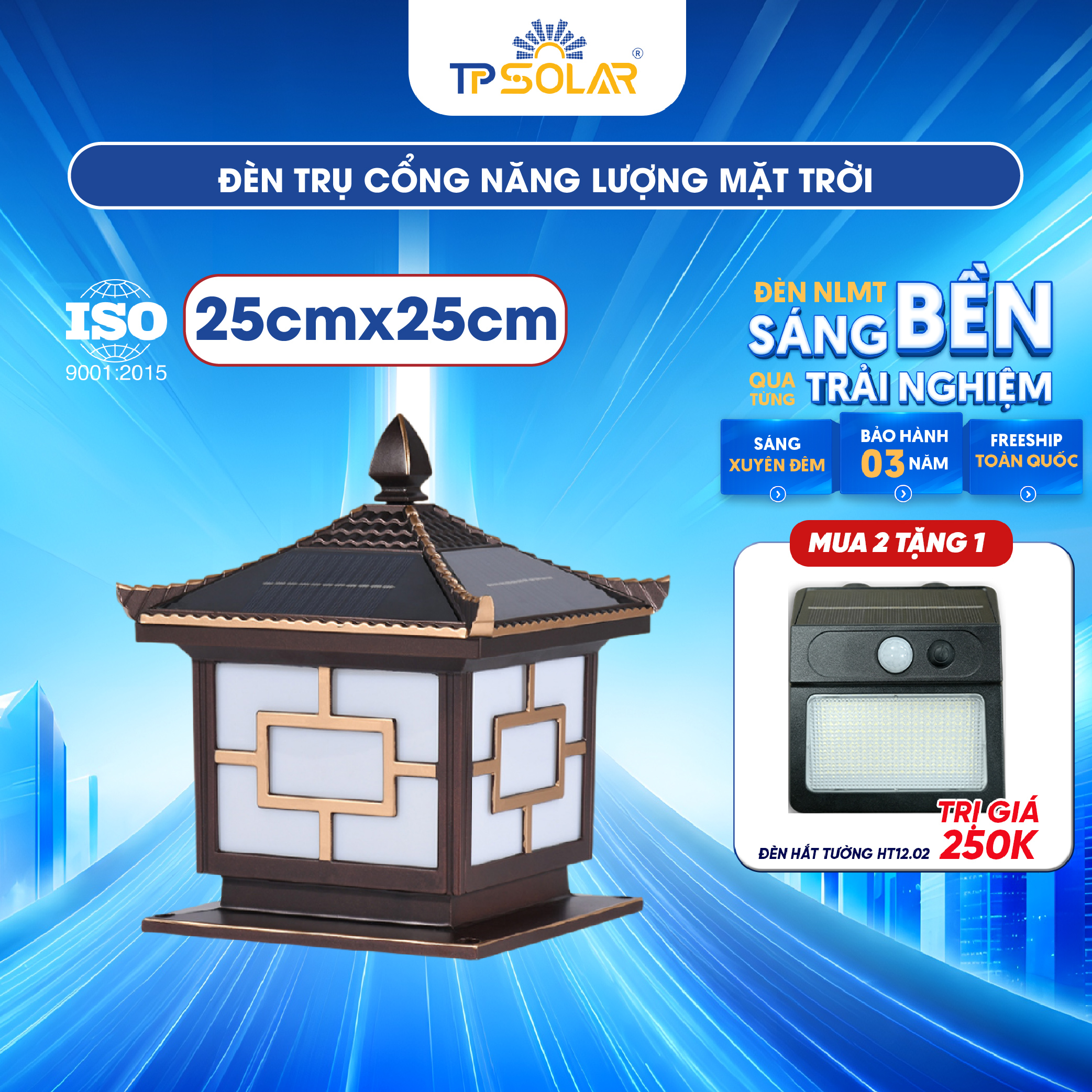 Đèn trụ cổng mái ngói năng lượng mặt trời TP SOLAR TC01