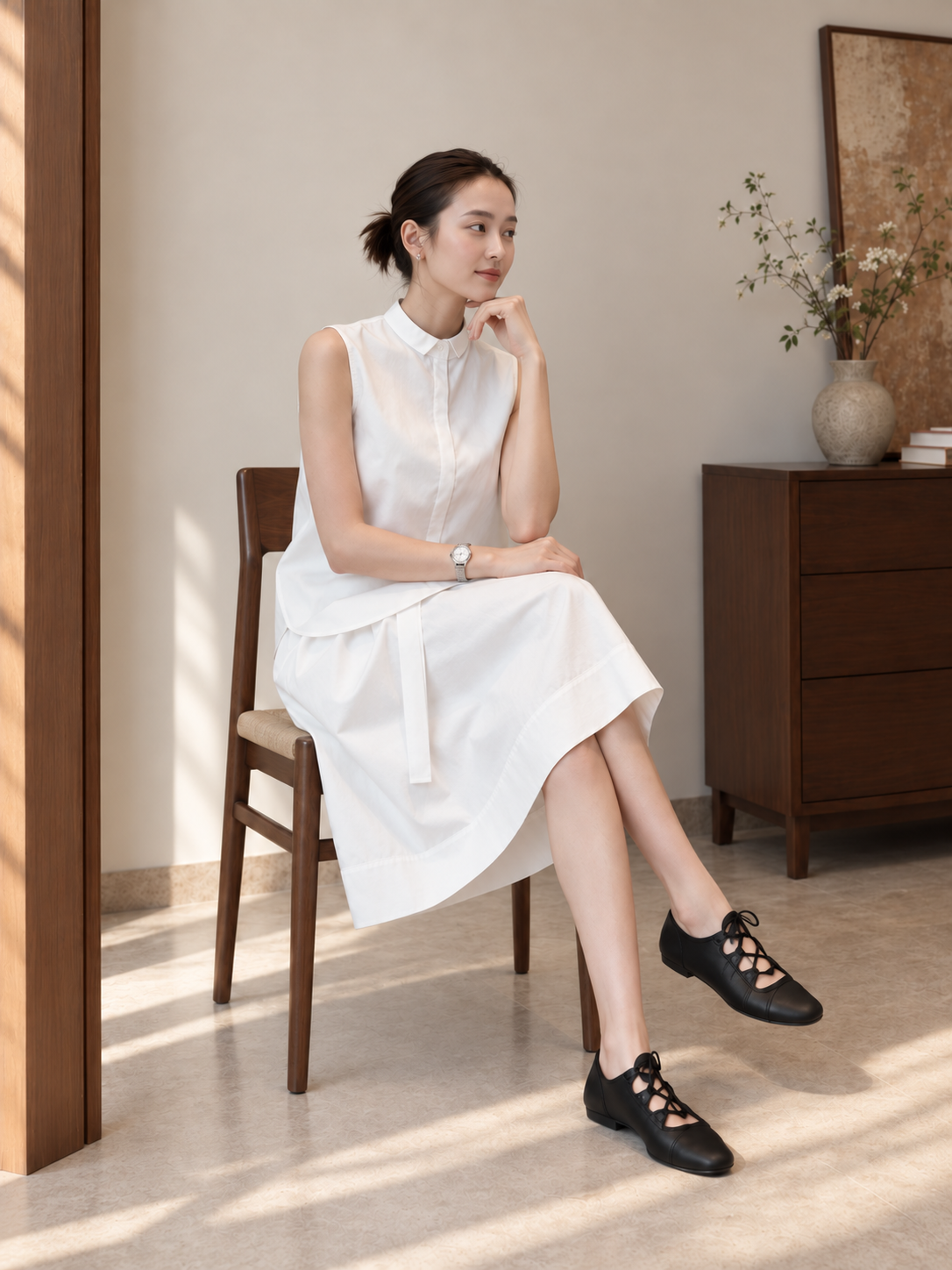 Set Trắng Cổ Sơ Mi Quần Lửng Dáng Rộng  - MS086