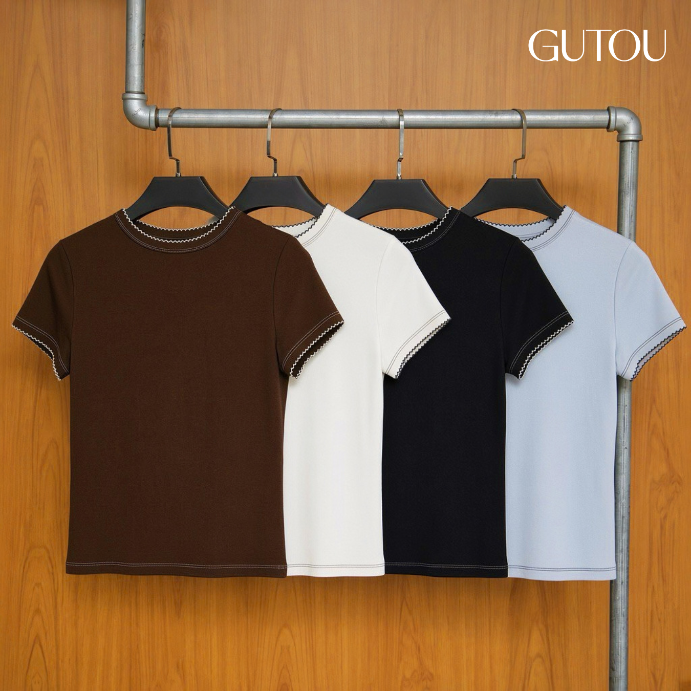 [ GUTOU ] Áo Thun Nữ Tay Ngắn Ôm Dáng Viền Chỉ Phối Màu Basic