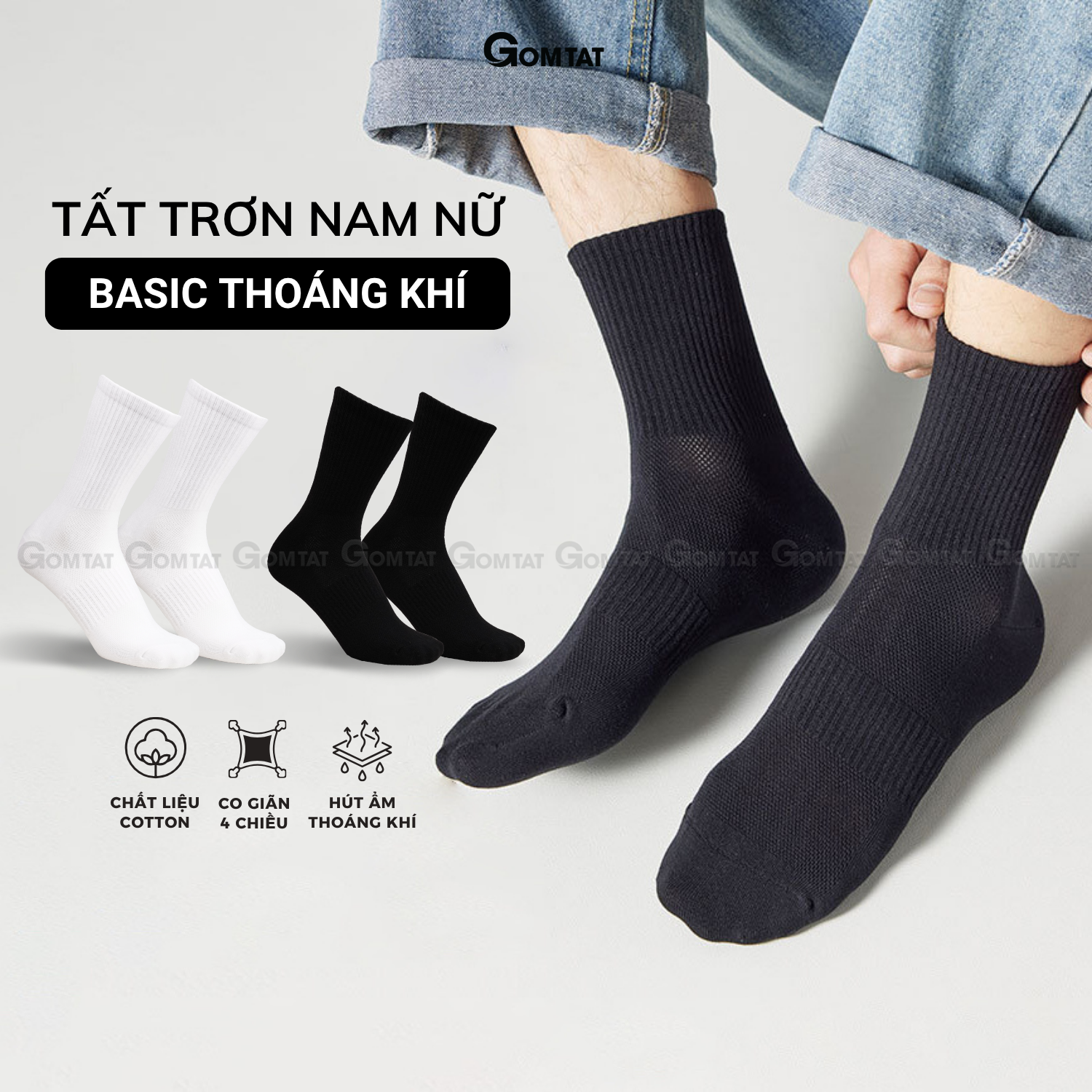 Combo tất nam nữ cổ cao GOMTAT thoáng khí, vớ trơn chất cotton khử mùi êm chân - PRI-2505