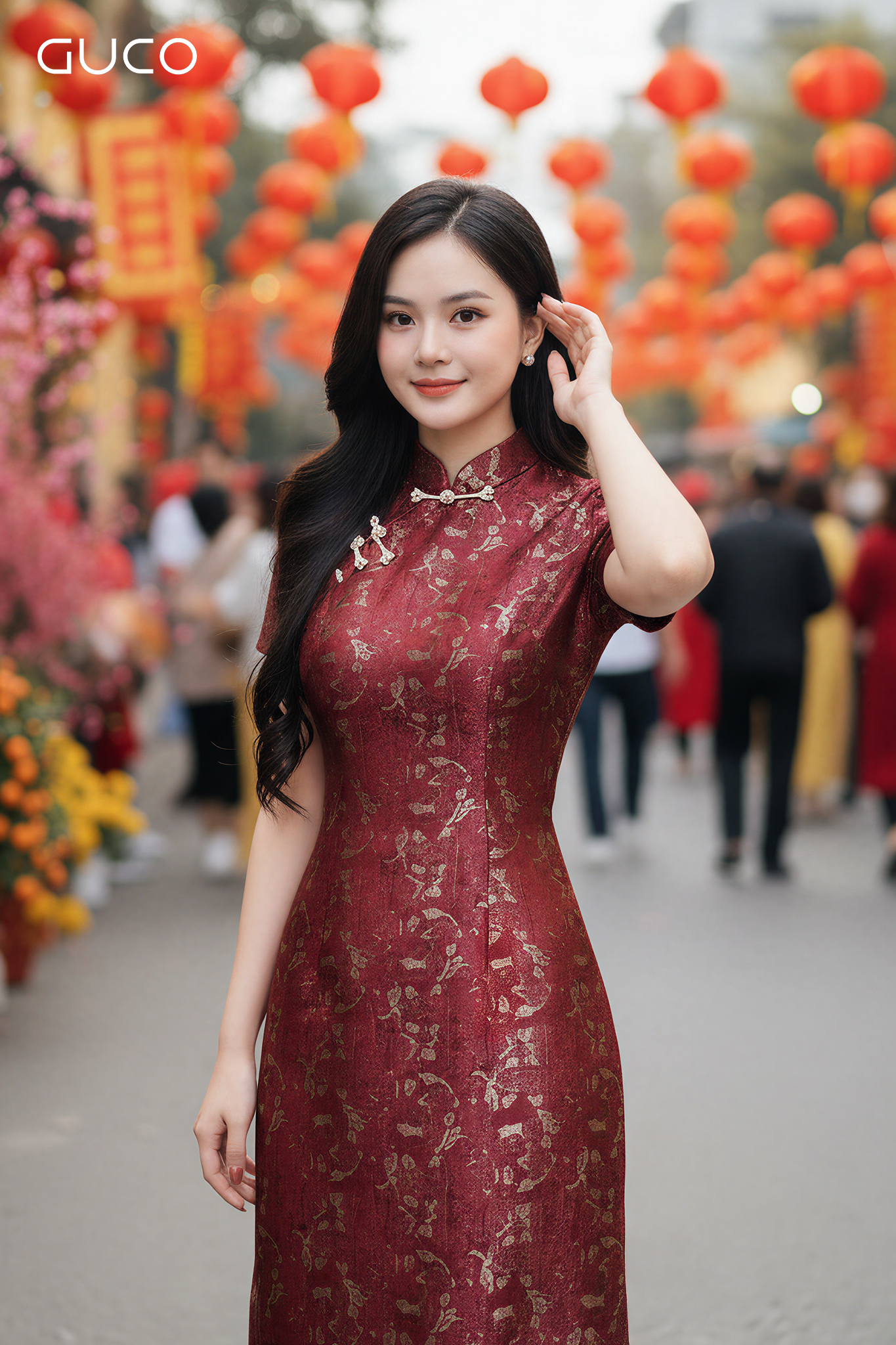 ĐẦM A CỔ TÀU GẤM HOA CAO CẤP-   ĐỎ_thumbnail_1