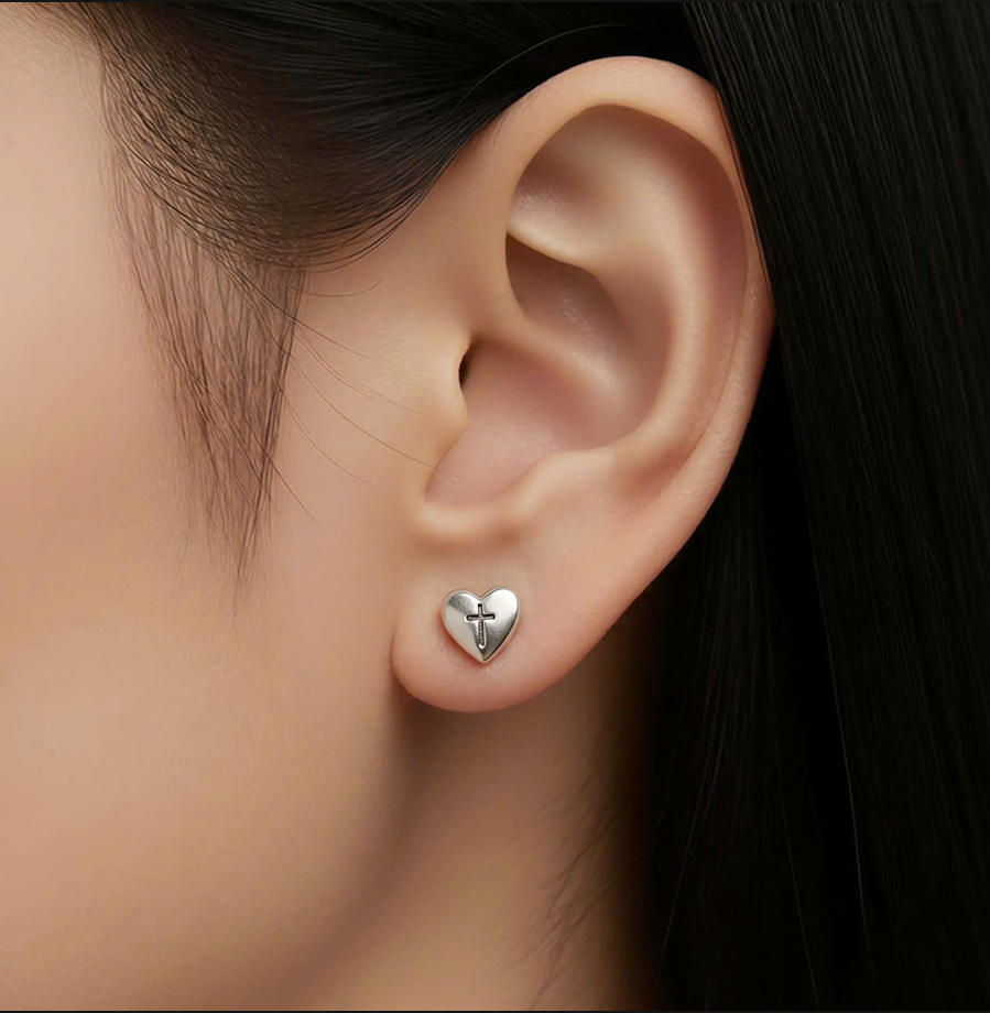 Bông Tai Khuyên Tai Thánh Giá Bạc S925 Trái Tim - Trang Sức Công Giáo Unisex_thumbnail_2