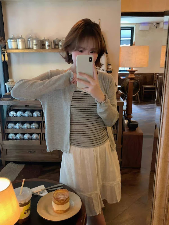Lucas - Set len áo 2 dây kẻ ngang đính nơ + áo cardigan nhún gấu_thumbnail_2