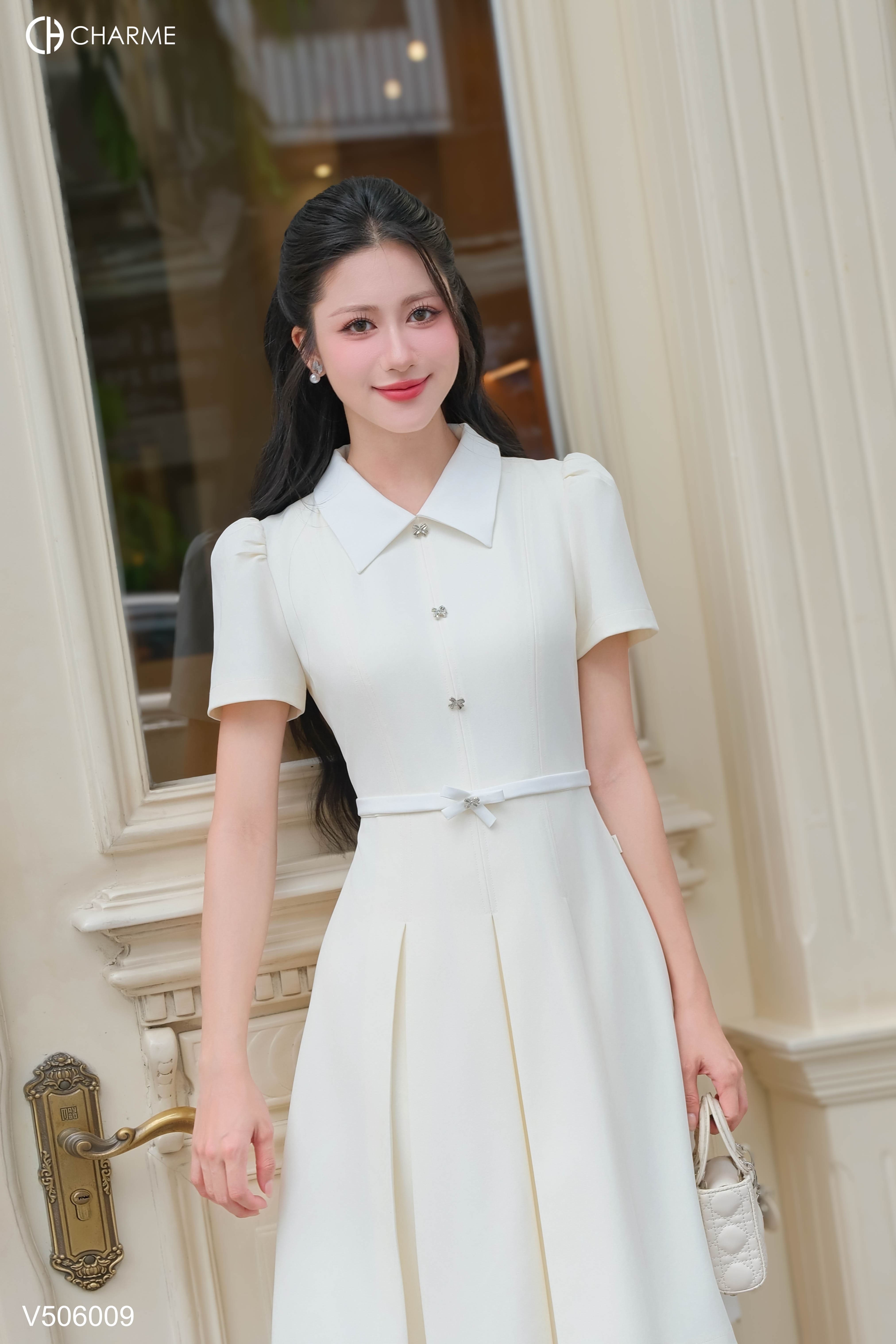 Váy liền phối cổ V nơ eo 506009_thumbnail_4