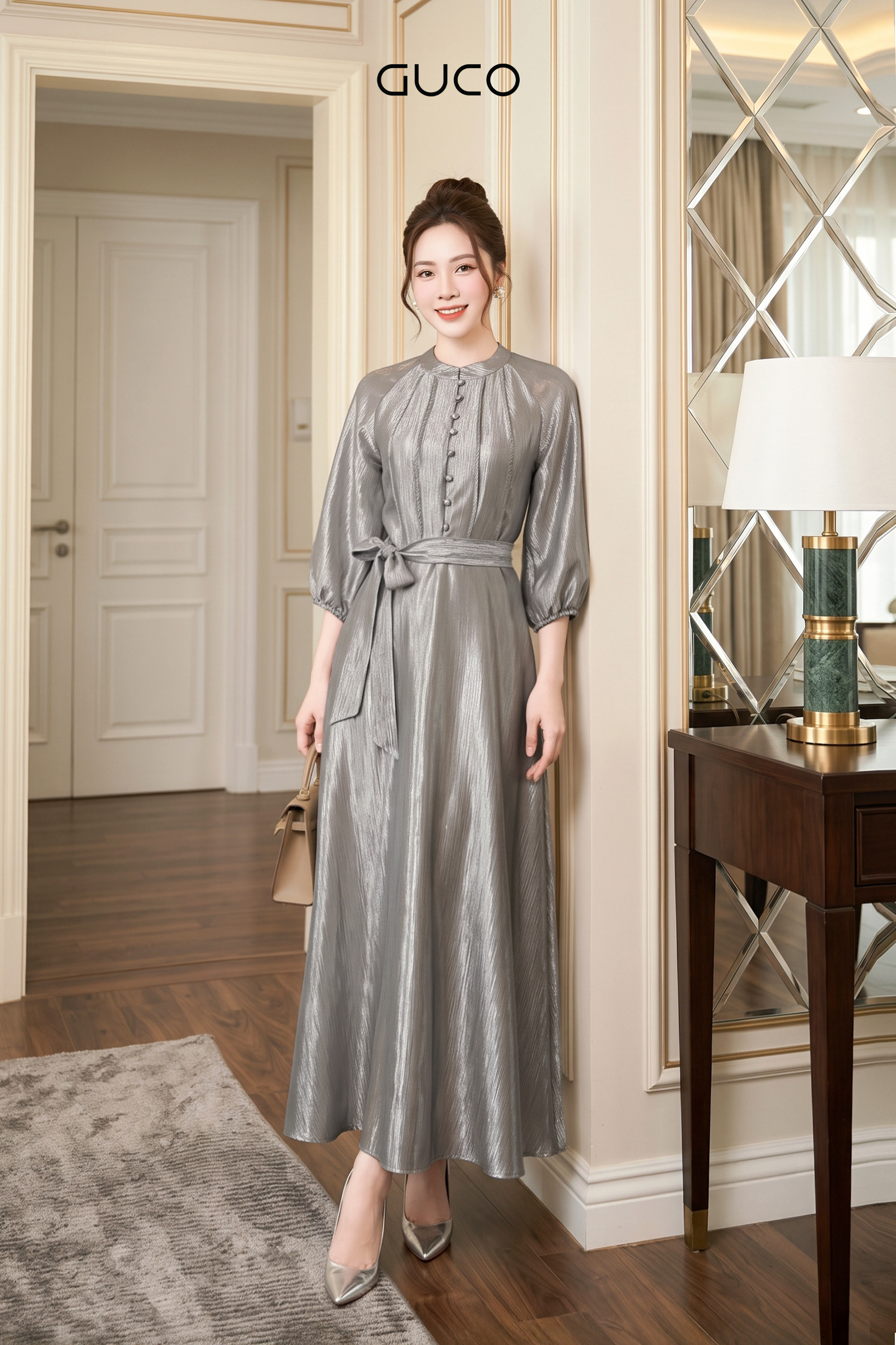 Đầm Xòe Xám Bạc  Đính Nút Tay Lỡ Thắt Nơ Eo - 5247