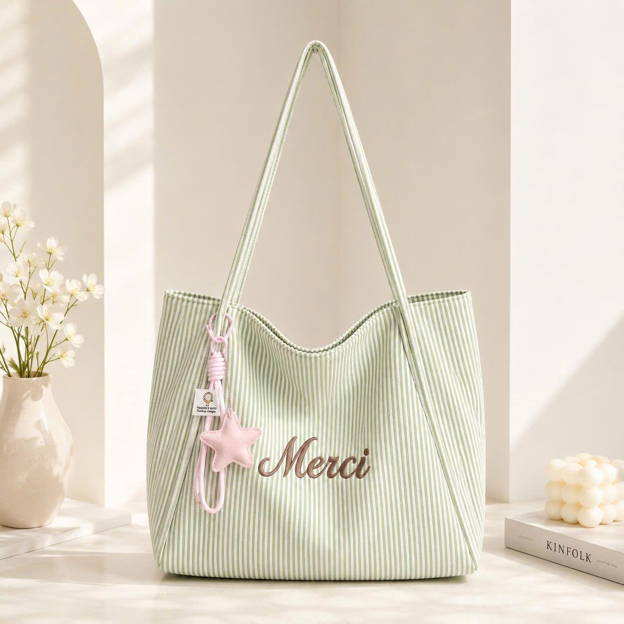 (Tặng Charm Sao) Túi Tote Nữ Vải Nhung Gân Thêu Chữ Merci Dễ Thương Đeo Vai Dáng Rộng CUN425_thumbnail_3