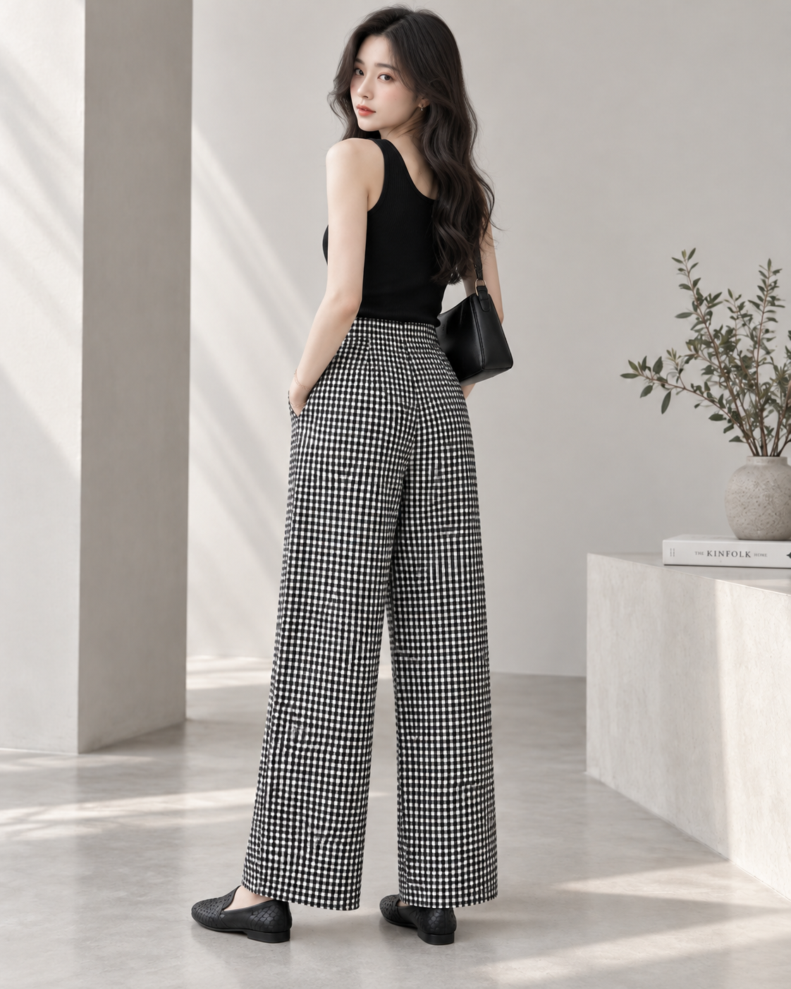 Quần Caro Đen Trắng Cạp Cao Hàng Khuy Ống Rộng Thanh Lịch - MQ003_thumbnail_2