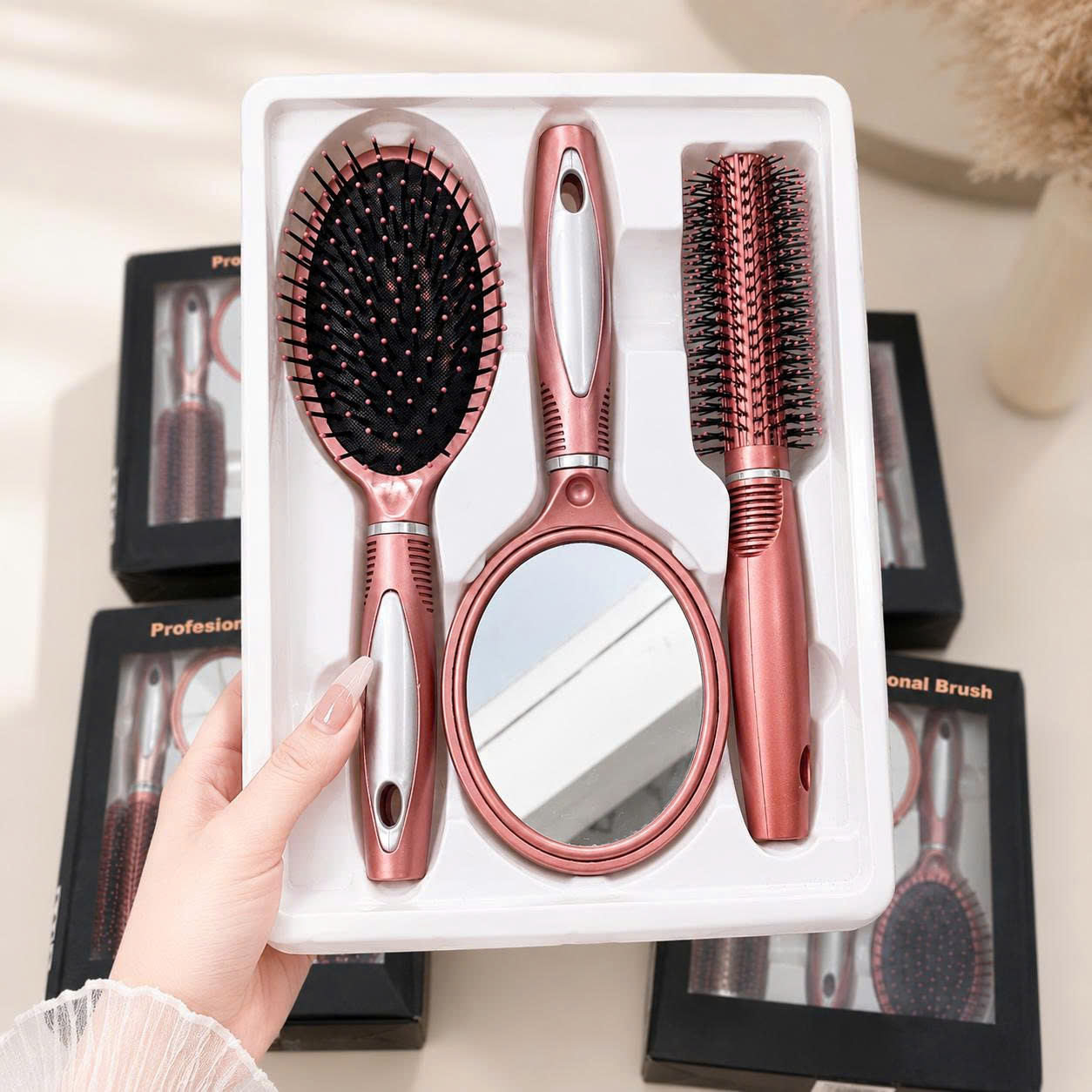 Bộ Lược Chải Tóc 3 Món Cao Cấp Kèm Gương Cầm Tay