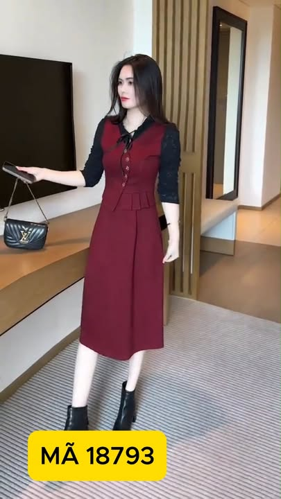 18793-Đầm suông đỏ phối tay ren lỡ (thun, ren)