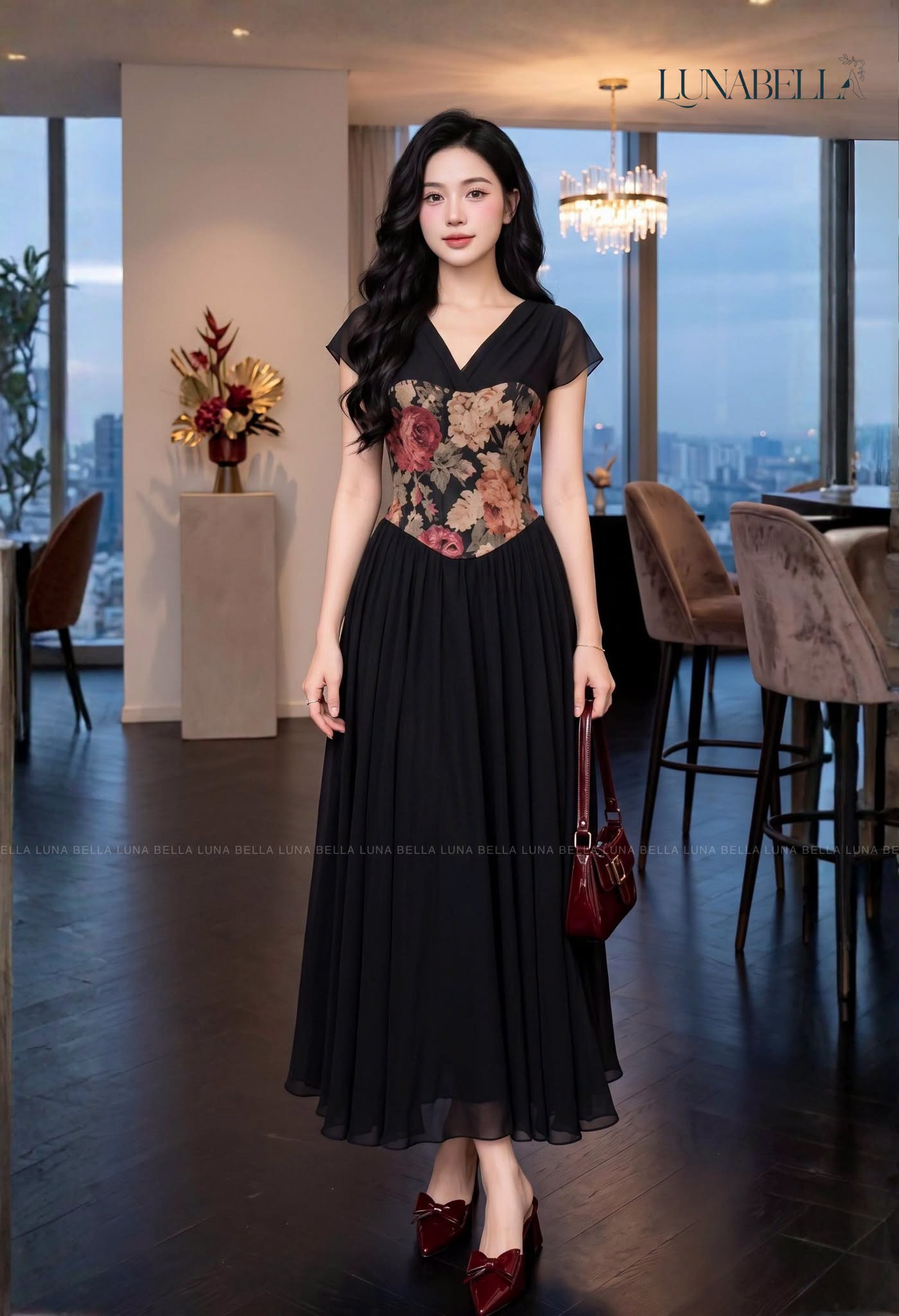 Váy voan dài mix hoa tiết hoa SONYA màu ĐEN_thumbnail_1