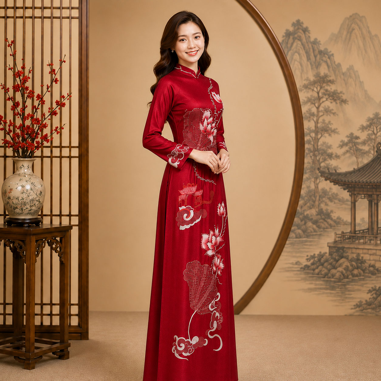 Áo Dài Mẹ Cô Dâu Chú Rể Đỏ Ruby Thêu Hoa Sen Sang Trọng – Ruby Cao Cấp AM26-18