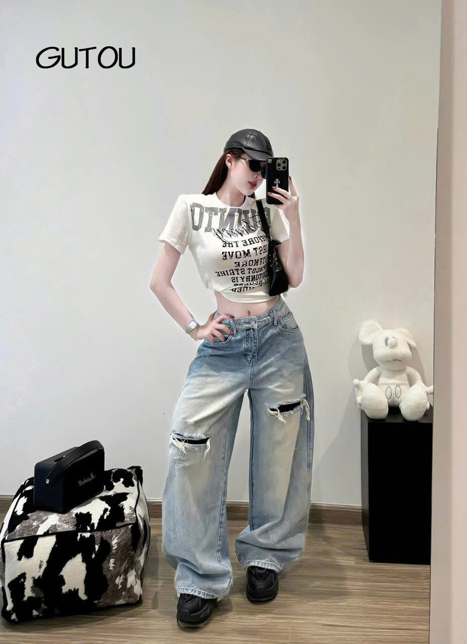 [ GUTOU ] Quần Jean Baggy Wash Sáng Rách Gối Casual Street_thumbnail_1
