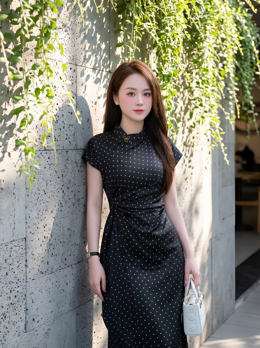 G44 - Đầm Thiết Kế Lụa Chấm Bi Kèm Tag Cài_thumbnail_2