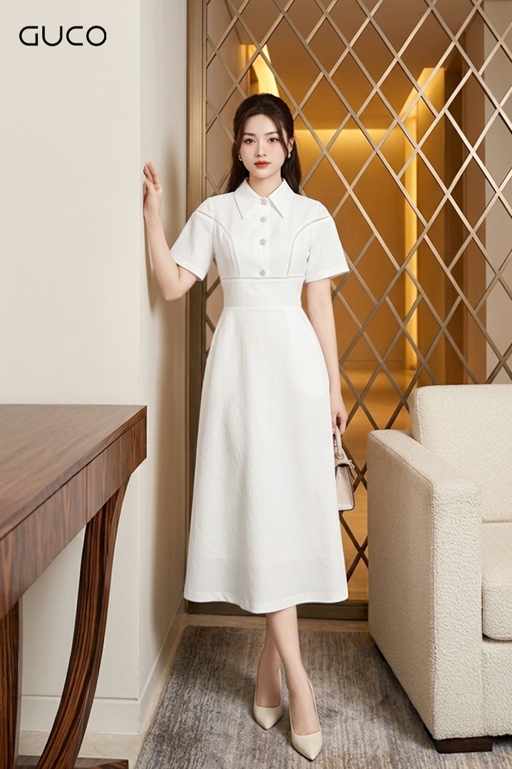 Đầm Trắng Cổ Sơ Mi  Đính Nút Thanh Lịch