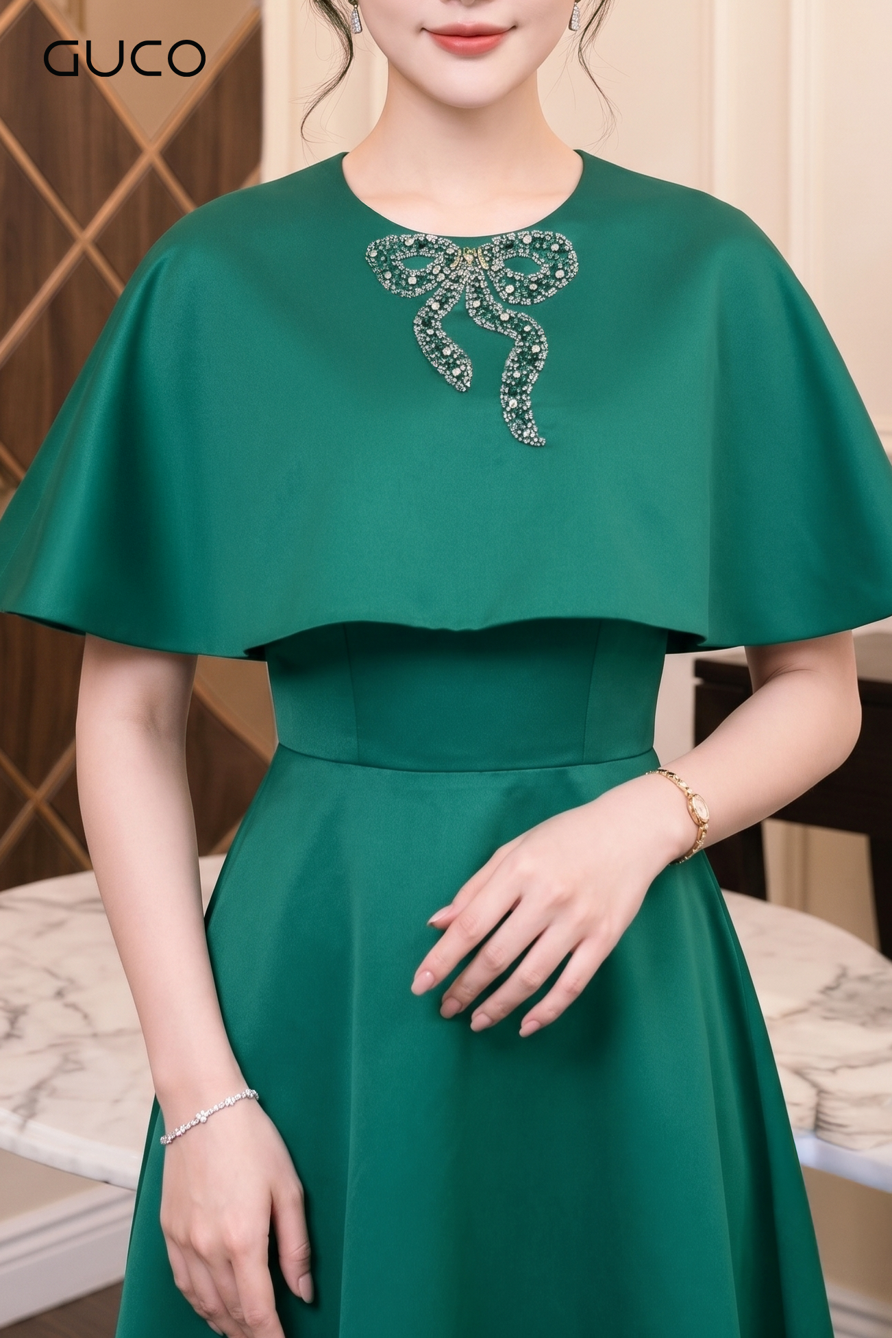 Đầm Xòe Dự Tiệc Xanh Áo Choàng Đính Đá_thumbnail_1