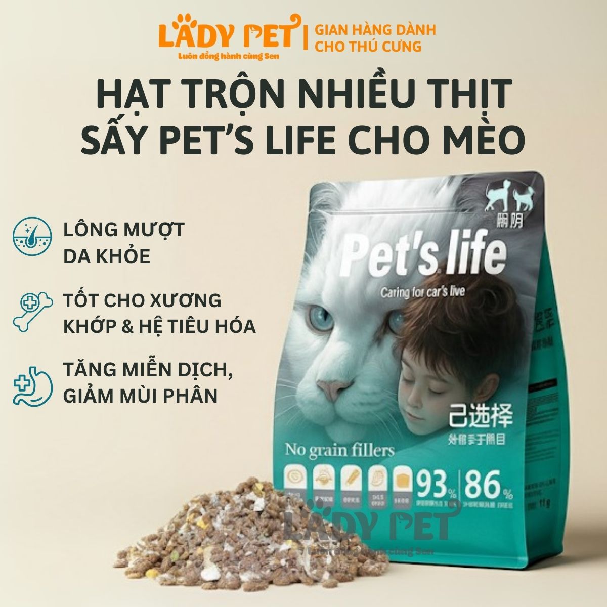 Hạt Pet's Life Trộn Topping Thịt Sấy Cho Mèo (1,5kg)