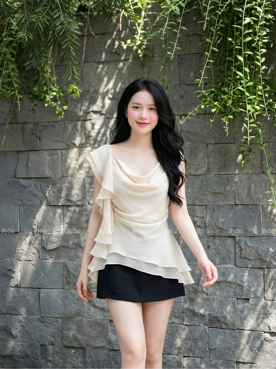 AOM38 - Áo Voan Tơ Cổ Đổ Cách Điệu