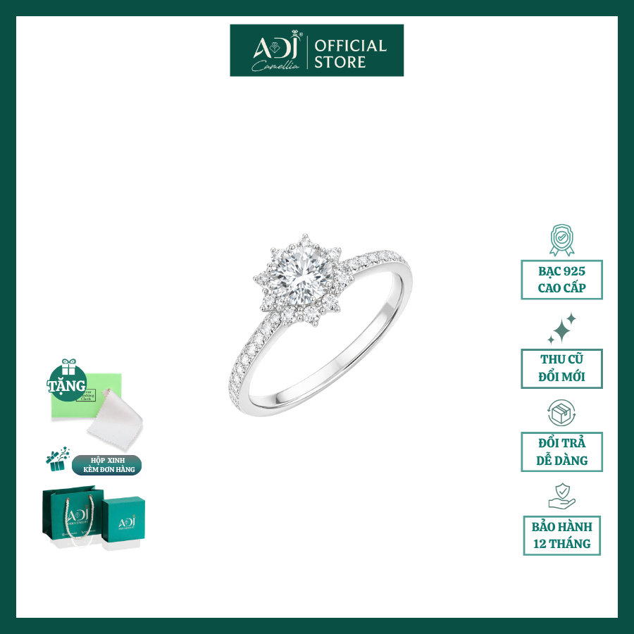 Nhẫn Nữ Bạc S925 ADJ Đính Đá Chủ 6 Ly Cao Cấp, Thiết Kế Đài Hoa Tuyết Sang Trọng, Nạm Đá Tấm Tinh Xảo - SN15668AD