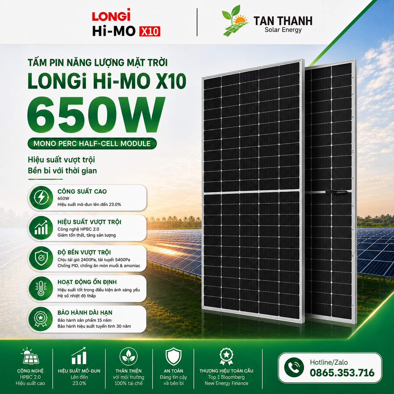 Tấm Pin Năng Lượng Mặt Trời LONGi Hi-MO X10 650W