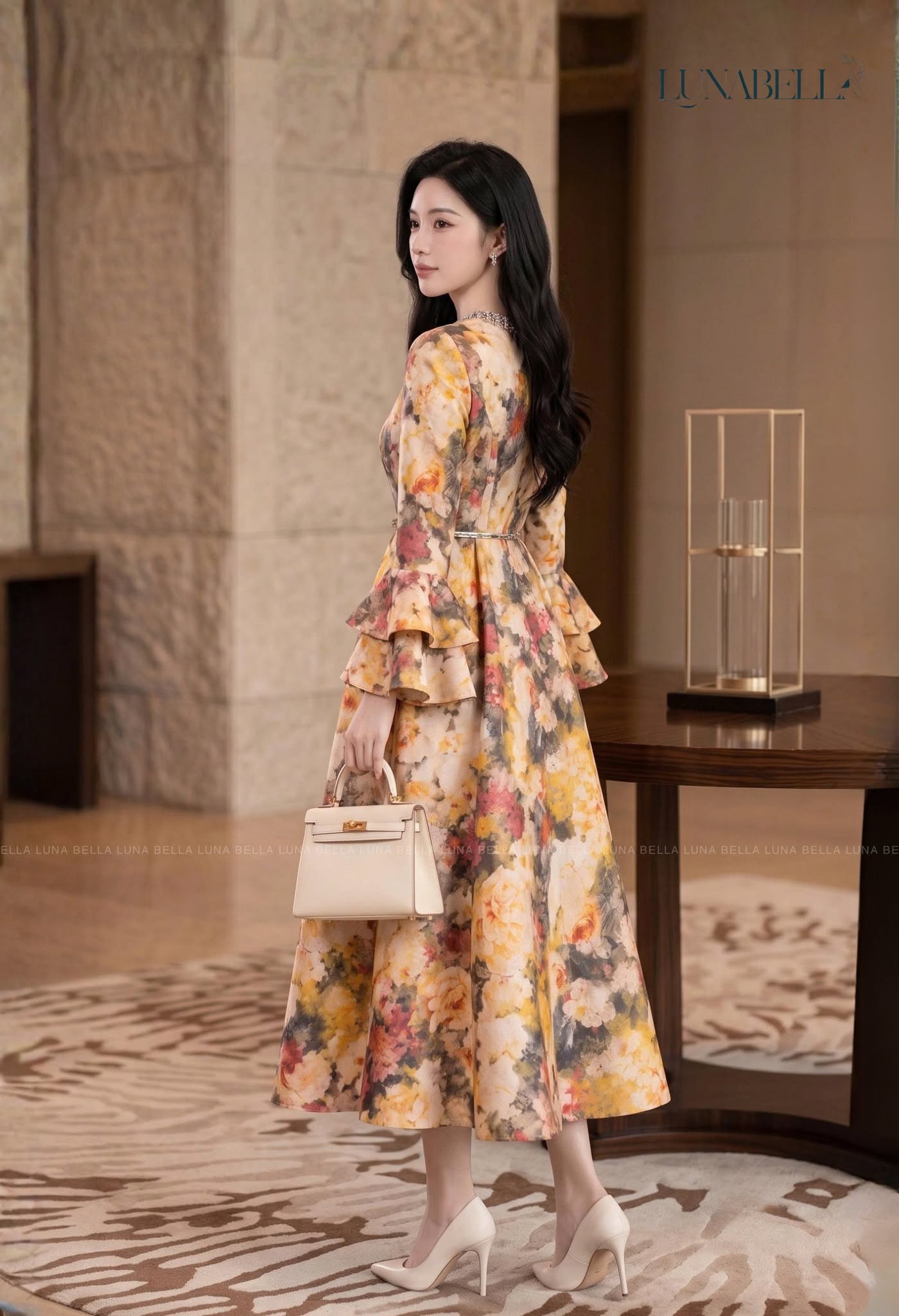 Váy dài tay bèo loe dáng xoè AVERIS màu VÀNG_thumbnail_2