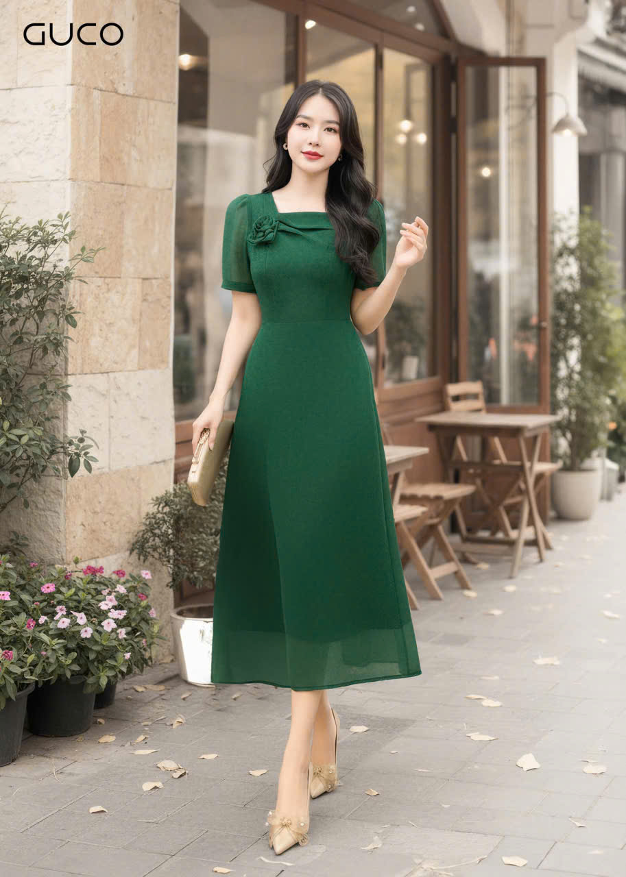 ĐẦM XÒE CỔ VUÔNG ĐÍNH HOA - XANH_thumbnail_2