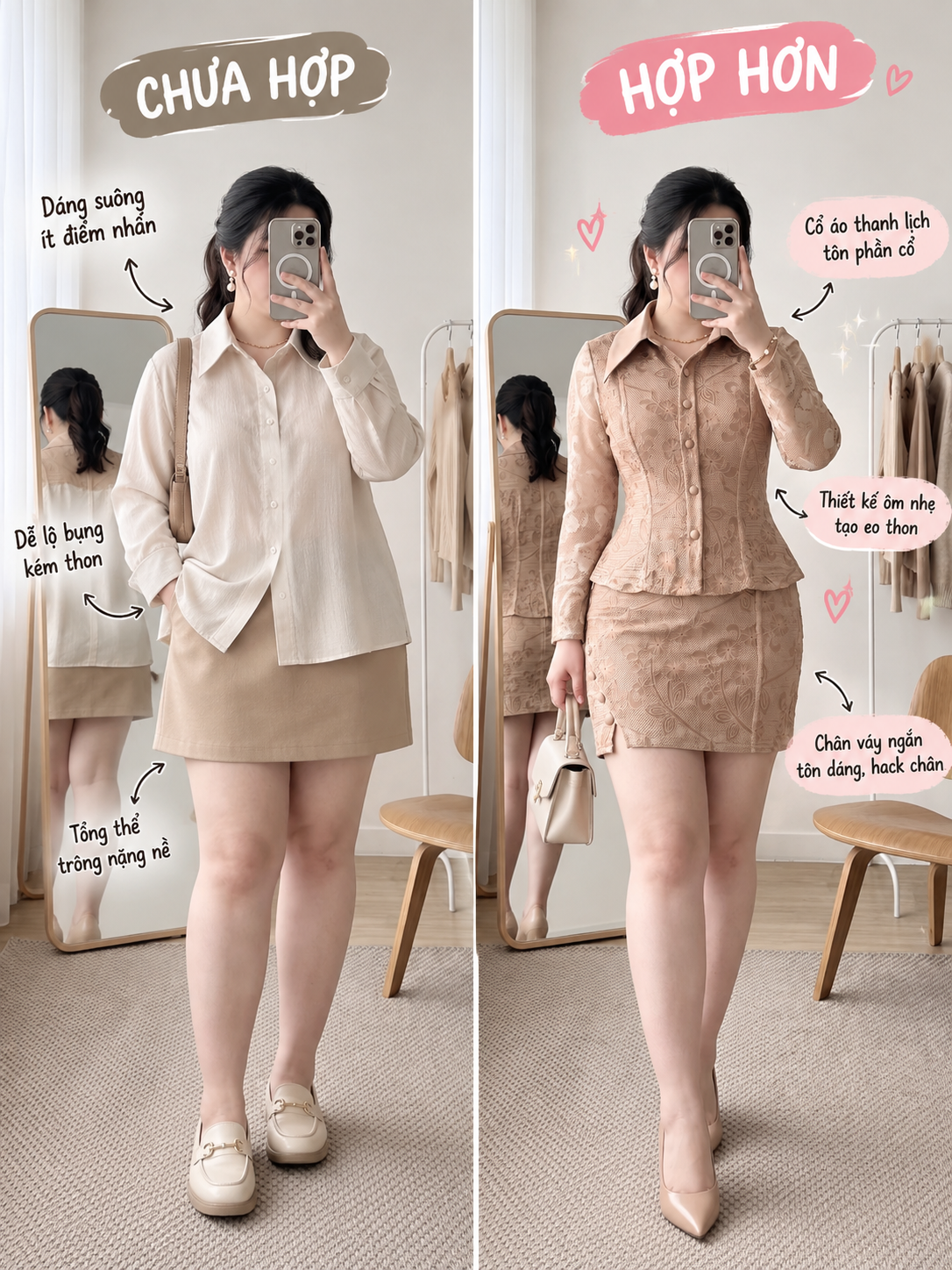 Hình so sánh cách phối dáng suông với set V- SET020 có cổ sơ mi, rã mảnh và chân váy A