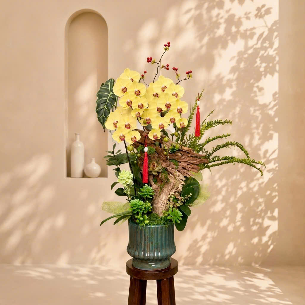 🌼Chậu 3 Cây Lan Hồ Điệp Vàng Nghệ Thuật – Tinh Hoa Phong Thủy, Biểu Tượng Thành Công Và Thịnh Vượng