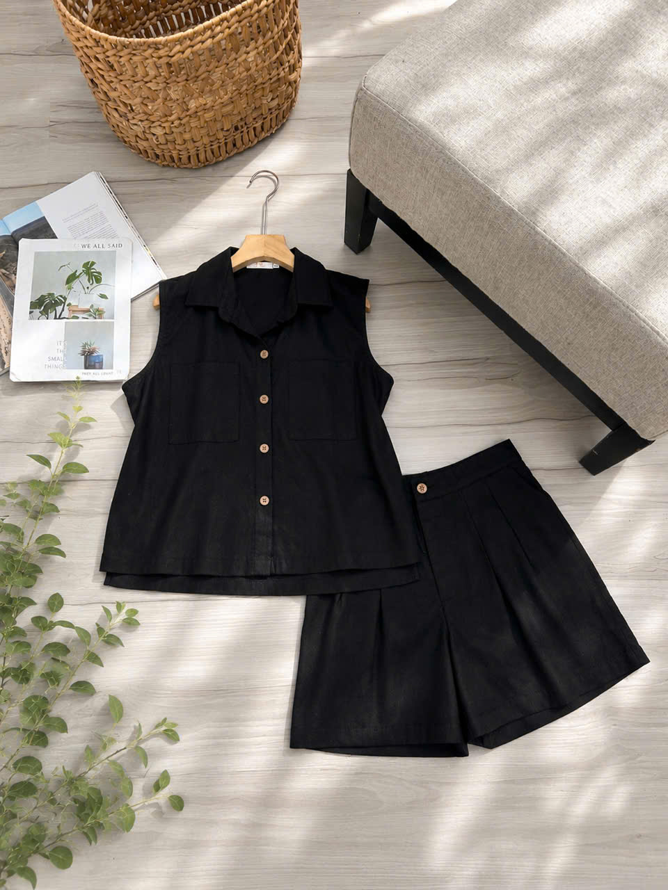 Bộ linen bột đùi áo sơ mi sát nách 2 túi lệch tà_thumbnail_7