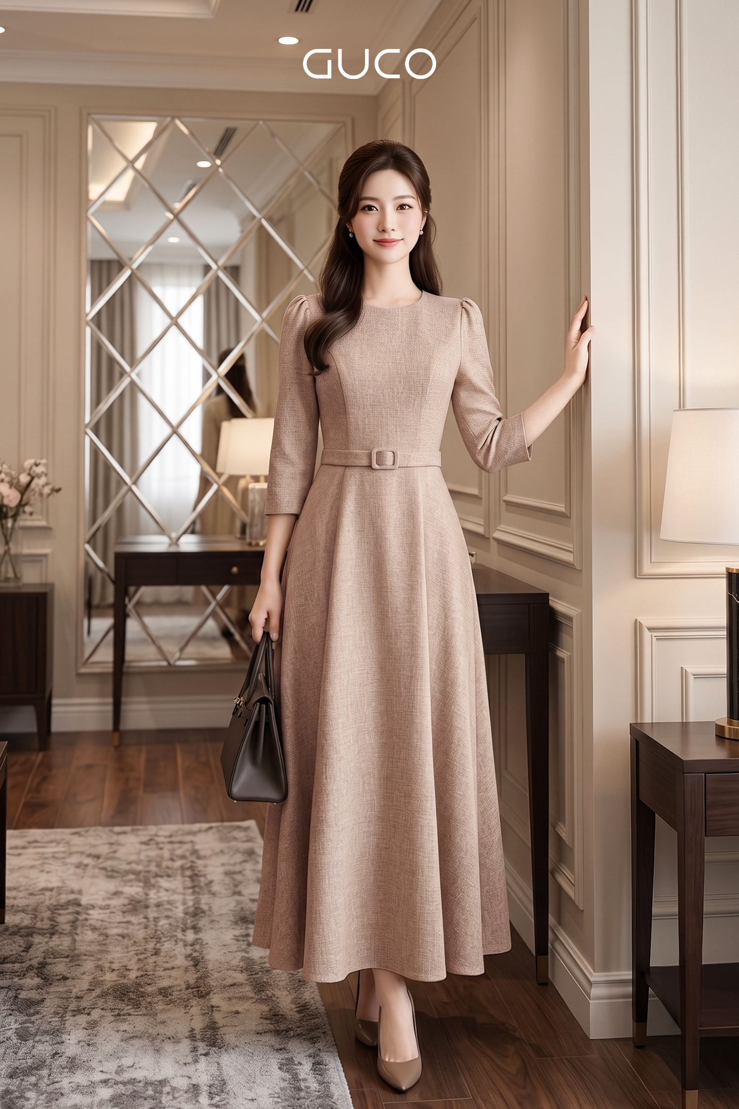 Đầm Xòe Kem Tay Lỡ Thắt Đai Eo_thumbnail_1