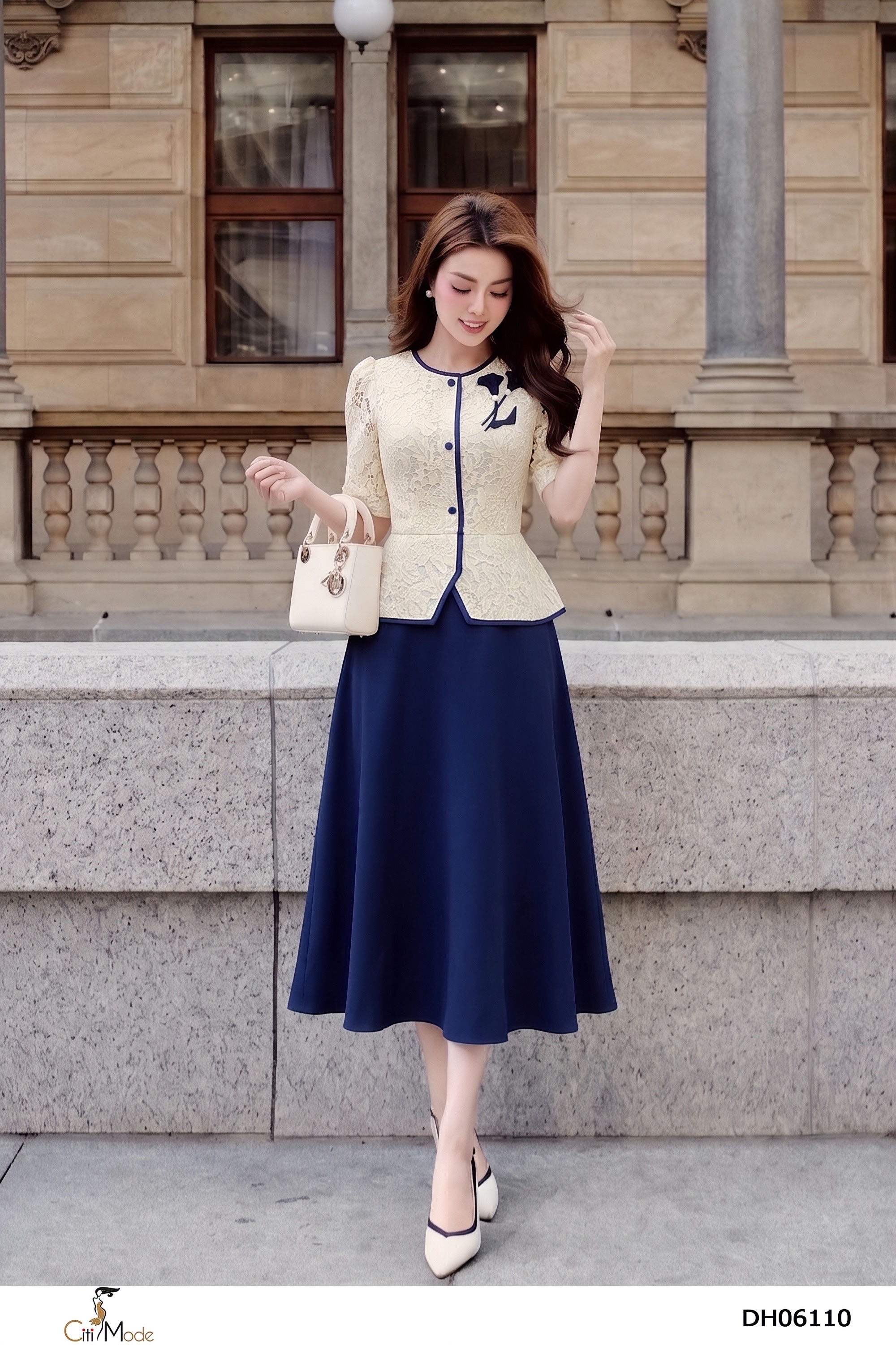Đầm xòe peplum xanh đen phối ren kem vai đính hoa tay lỡ