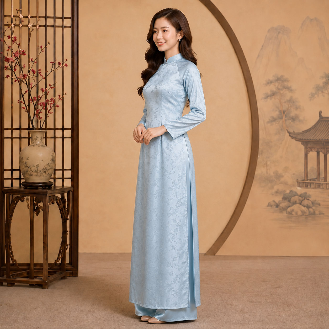 Áo Dài Truyền Thống Nữ Gấm Trúc Đào Thanh Lịch Mặc Lễ, Tết, Chụp Ảnh TT26-03_thumbnail_5