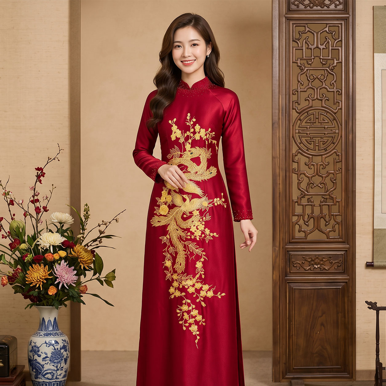 Áo Dài Mẹ Cô Dâu Chú Rể Thêu Song Phụng Vàng Sang Trọng Chất Ruby Cao Cấp AM26-17_thumbnail_2