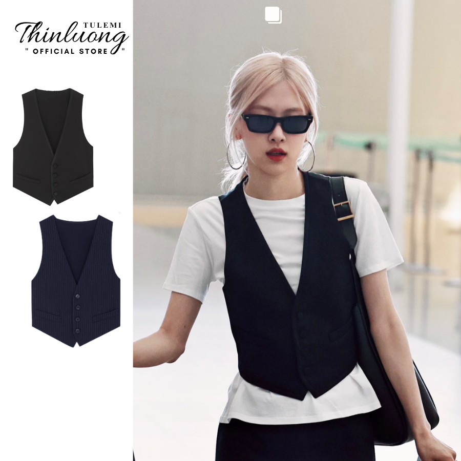 Áo gile croptop áo khoác vest màu xanh sọc kẻ và đen