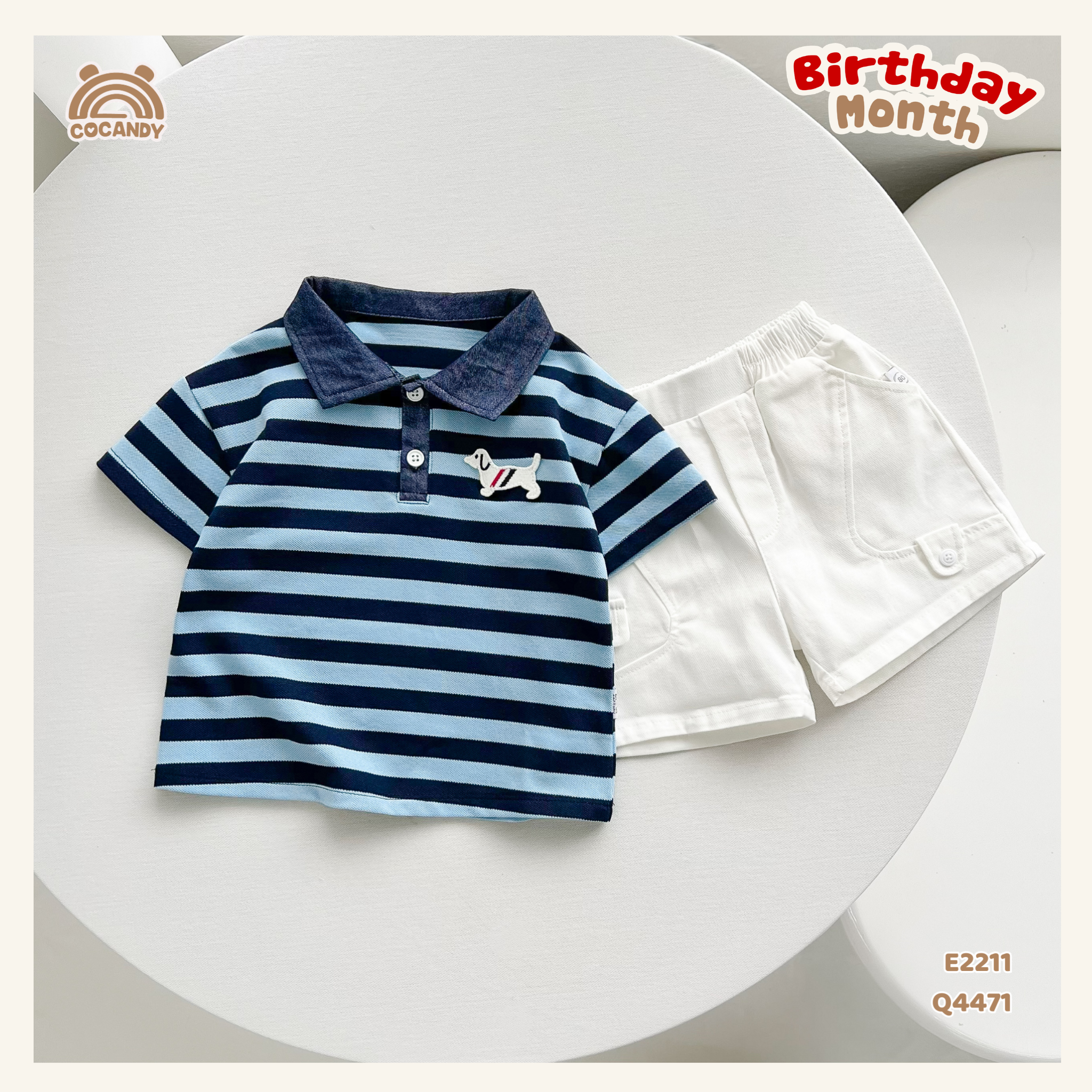 Áo cộc polo kẻ XANH NAVY nẹp cổ tag cún