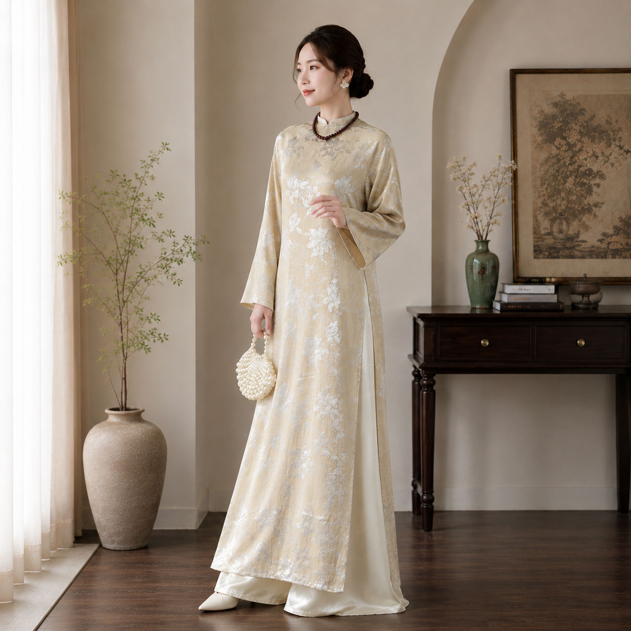 Áo Dài Cách Tân Nữ Dáng Suông Gấm Haiza Họa Tiết 2 Tà CT27-01_thumbnail_9