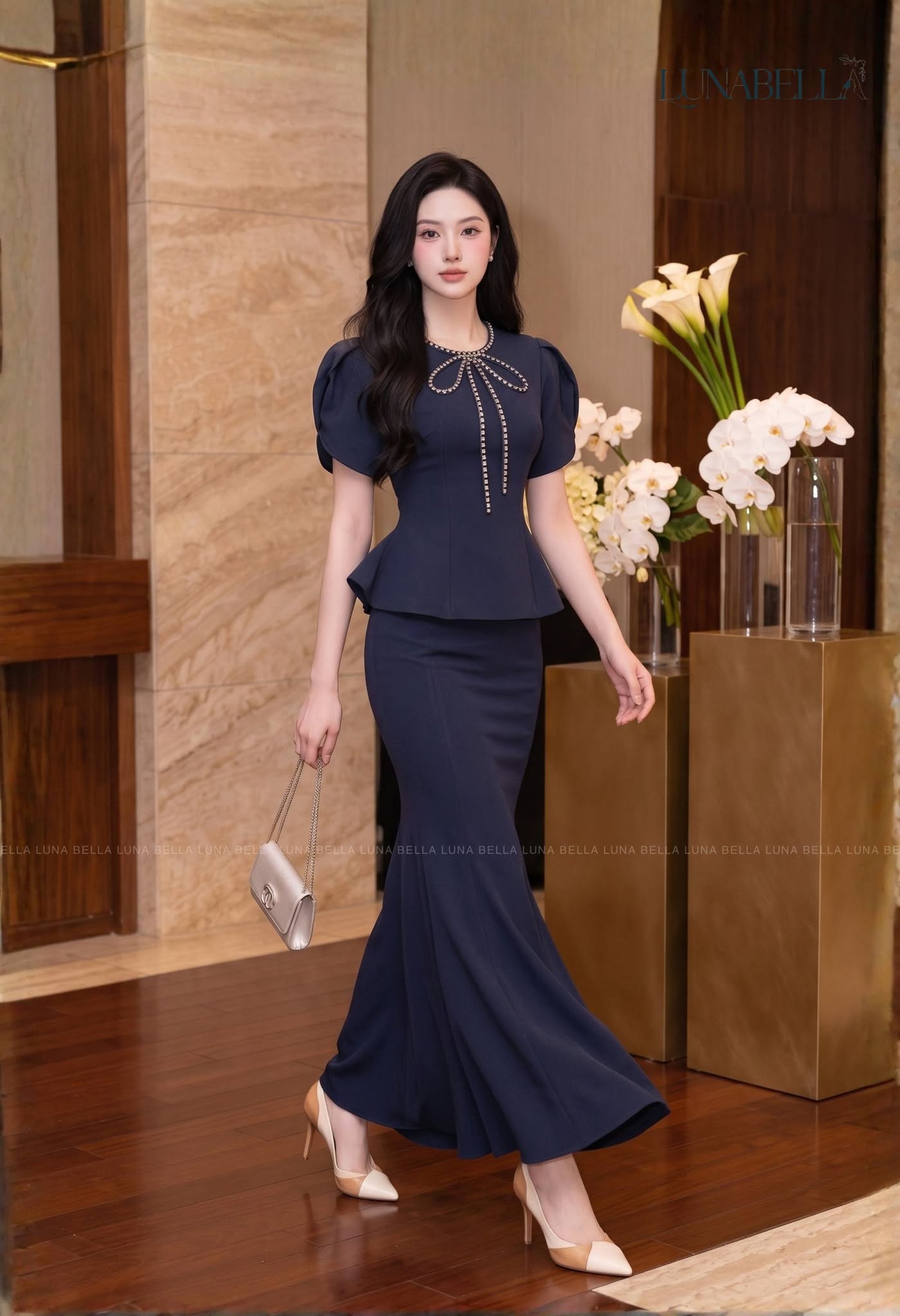 Áo peplum nơ viền đá ASHLEY màu XANH NAVY_thumbnail_1