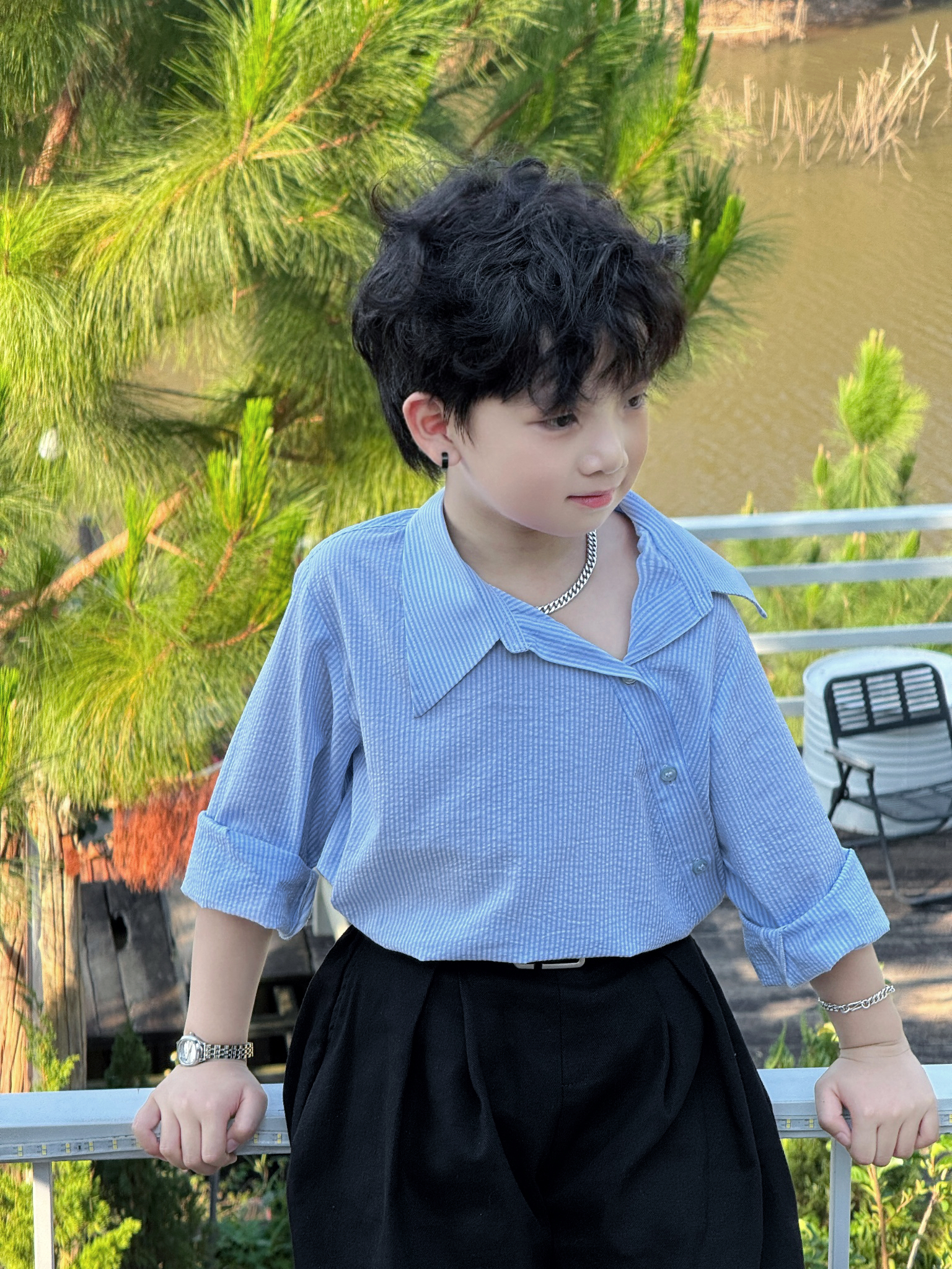 Áo Xanh Sọc Cổ Lệch, Quần Suông Kaki Rin Dày Dặn Cho Bé Trai, Bé Gái_thumbnail_2