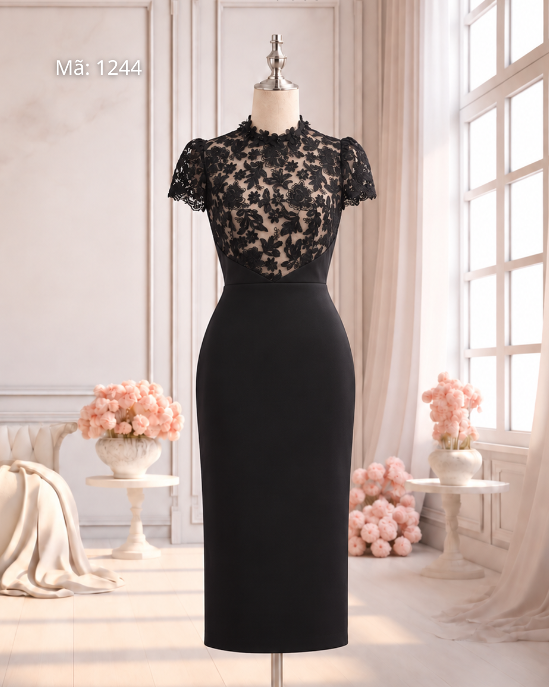 Đầm Bút Chì Phối Ren Cổ Hoa