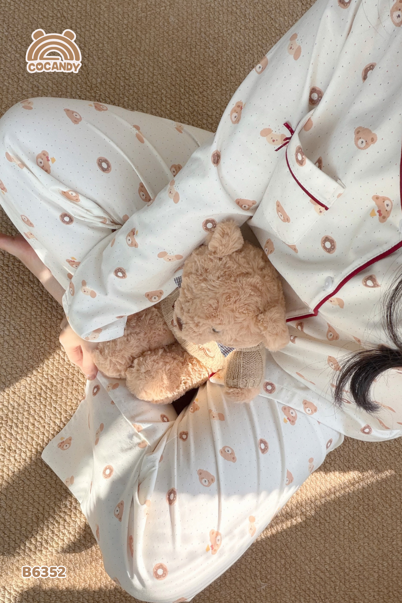 Bộ dài pijama TRẮNG gấu nâu viền đỏ NỮ_thumbnail_6