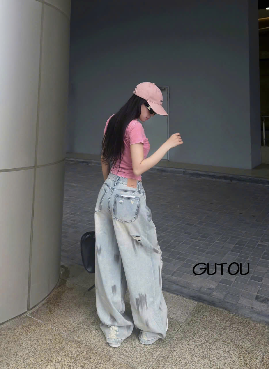 [ GUTOU ] Quần Jean Suông Wash Vệt Xám Rách Gối Street Style_thumbnail_2