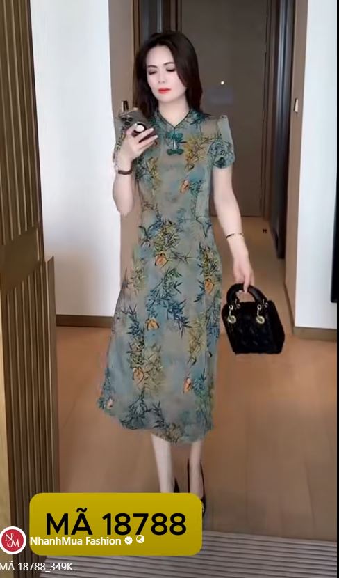 18788- Đầm suông lụa xanh họa tiết lá trúc (lụa mango có lót)